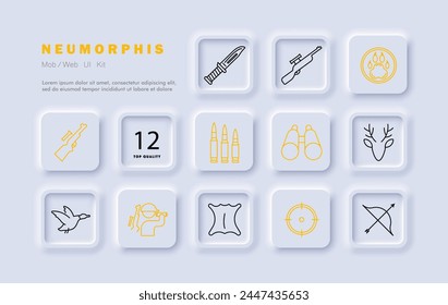 Chase-Set-Symbol. Bär Pfote Abzeichen, Gewehr, Bogen, Hirsch, Haut, Messer, Kugel, Hörner, Fadenkreuz, Sehhilfe, Fernglas, Silhouette, Mann, Ente, Gradient. Jagdkonzept. In: Neomorphism Style.