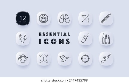 Chase set icon. Bear paw badge, rifle, bow, deer, skin, knife, bullet, horns, crosshair, sight, binoculars, silhouette, man, duck, gradient. Hunting concept. Neomorphism style.