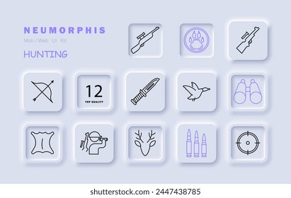Icono de Chase set. Insignia de pata de oso, rifle, arco, ciervo, piel, cuchillo, bala, cuernos, cruz, vista, binoculares, silueta, hombre, pato. Concepto de caza. Icono de línea de Vector.