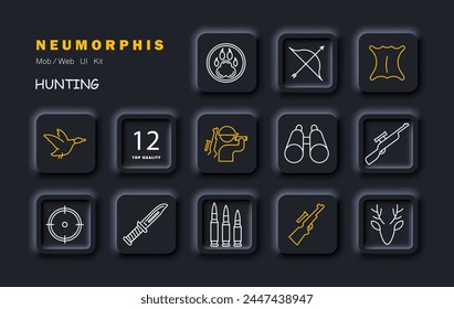 Chase set icon. Bear paw badge, rifle, bow, deer, skin, knife, bullet, horns, crosshair, sight, binoculars, silhouette, man, duck. Hunting concept. Vector line icon.