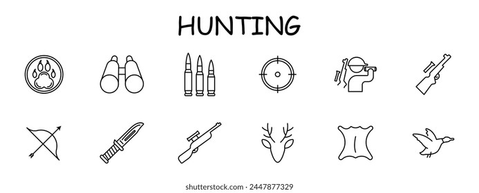Icono de Chase set. Insignia de pata de oso, rifle, arco, ciervo, piel, cuchillo, bala, cuernos, cruz, vista, binoculares, silueta, hombre, pato, . Concepto de caza. Icono de línea de Vector.