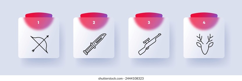 Chase set icon. Deer head, antlers, hunting trophy, knife, handle, sight, rifle, bow, silhouette, arrow, prey, target, weapon, numbering. Concept of hunting and hunting weapons. Glassmorphism style.