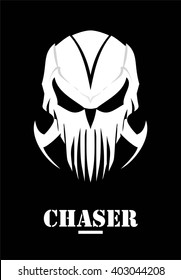 Chaser. Hunter. Skull with claw. White Mask. Phantom. Alien. Predator. Artwork. Suitable for team identity, insignia, emblem, illustration for apparel, mascot, motorcycle community, icon, etc. 