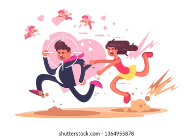 Chasing after love vector illustration. Mad woman running after man in hope to find amour flat style design. Gun aim pointed at male showing inevitability of boy destiny. Will catch you concept
