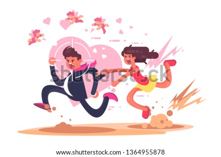 Chasing after love vector illustration. Mad woman running after man in hope to find amour flat style design. Gun aim pointed at male showing inevitability of boy destiny. Will catch you concept