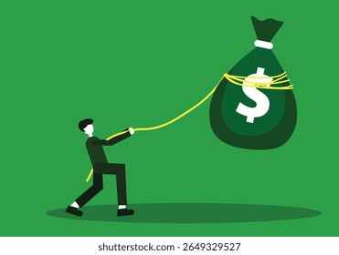 chasing a big bag of flying money. catching a bag of money. minimalist character design. illustration of workers working for salary. catching money