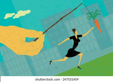 Chasing a Carrot A businesswoman chasing a dangling carrot. The hand, woman, and carrot are on a separate labeled layer from the background.