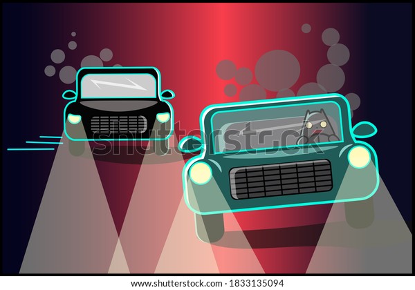 Chasing a cat in retro cars. Neon\
style. The theme of the 80-90-ies. Vector image in eps\
format.