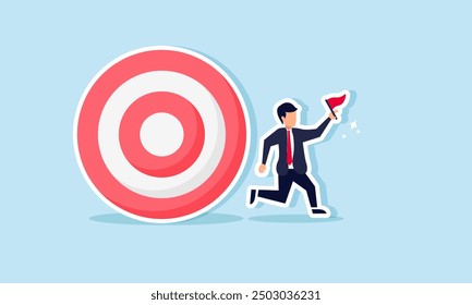 Chasing company work targets to achieve goals and earn recognition concept of A businessman running with a flag while being chased by a target board