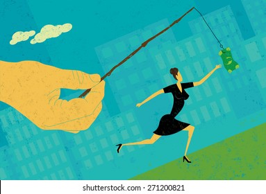 Chasing a Dollar
A businesswoman chasing a dangling dollar. The hand, woman, and carrot are on a separate labeled layer from the background.