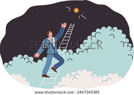 Chasing dream of business man climbing career ladder to get bright star from sky. Guy corporate manager, strives to become star among company employees in order to receive official benefits.