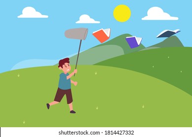 Chasing dream vector concept: Cute schoolboy chasing flying books in the meadow while holding butterfly net 