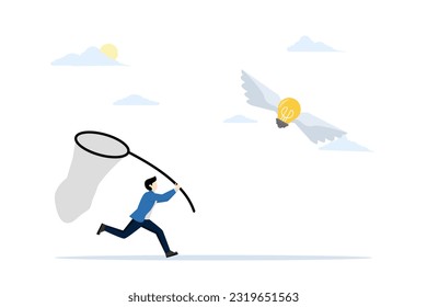 chasing flying idea or solution concept. Businessman trying to catch flying light bulb with spoon net. Get ideas. Flying idea. Flat vector illustration on a white background.