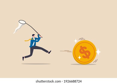 Chasing high performance active mutual fund, buying rising star stock or funds, catch or grab hot ETFs concept, businessman investor run chasing try to catch high performance attractive dollar coin.