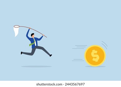 Chasing high performance active mutual fund,  investor running after trying to catch an attractive dollar coin with a high yield.