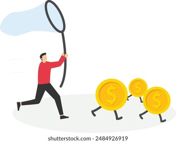 Chasing high performance active mutual fund, buying rising star stock or funds, catch or grab hot ETFs concept, businessman investor run chasing try to catch high performance attractive dollar coin.

