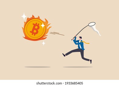 Chasing high performance bitcoin crypto currency in bull market, greedy speculation in Bitcoin trading concept, greedy businessman investor chasing try to catch hot fire flying bitcoin.