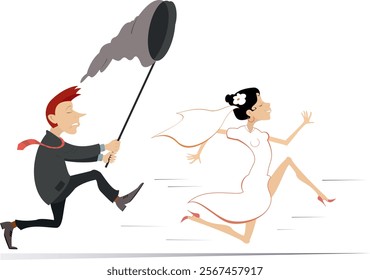 Chasing love. The runaway bride.
Upset man tries to catch a running away bride with butterfly net. Isolated on white background
