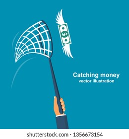 Chasing money concept. Businessman trying to catch flying money. Business metaphor. Vector illustration flat design. Isolated on white background.