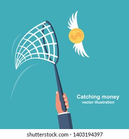 Chasing money concept. Businessman trying to catch flying coin. Business metaphor. Vector illustration flat design. Isolated on white background.