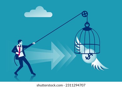 Chasing money concept. Businessman trying to catch flying coin. Business metaphor. Vector illustration flat design. Isolated on white background.