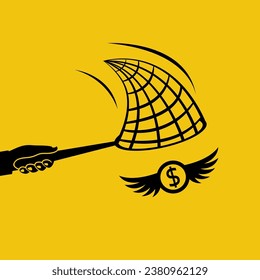 Chasing money concept. Businessman trying to catch flying coin. Business metaphor. Vector illustration flat design. Isolated on white background.
