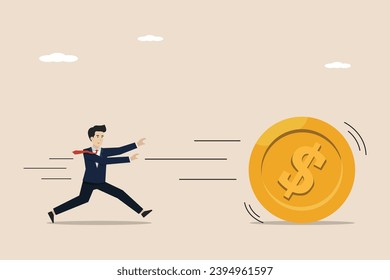 Chasing money, concept of working hard to earn money, investor businessman running after dollar currency coins.