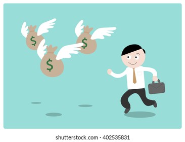 Chasing the Money (Dollar)  hand drawn vector illustration businessman chasing after flying money bags (all objects different groups for easy editing) 