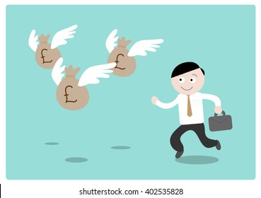 Chasing the Money (Pound Sterling)  hand drawn vector illustration businessman chasing after flying money bags (all objects different groups for easy editing) 