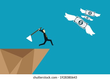 Chasing money that flies away from the abyss, Vector illustration in flat style