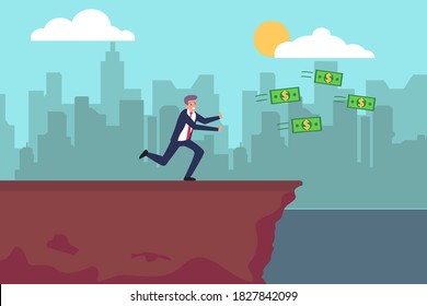 Chasing money vector concept: Old businessman chasing money toward the gap