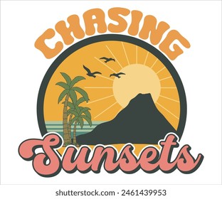 Chasing sunsets Retro Groovy T-shirt, Summer T-shirt Design, Summer Vibes, Beach Quotes, Beach Vibes, Summer Quote, 70s Retro, Ocean, Vacation Quotes, Cut Files For Cricut and Silhouette