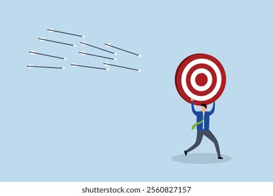 Chasing for target achievement, businessman carrying large arrow target flees from swarm of arrows. 