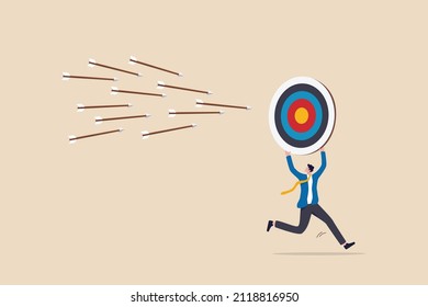 Chasing for target achievement, guidance or control to reach goal, competition or challenge to success, aiming or motivation concept, businessman holding big arrow target run away from bunch of arrow.