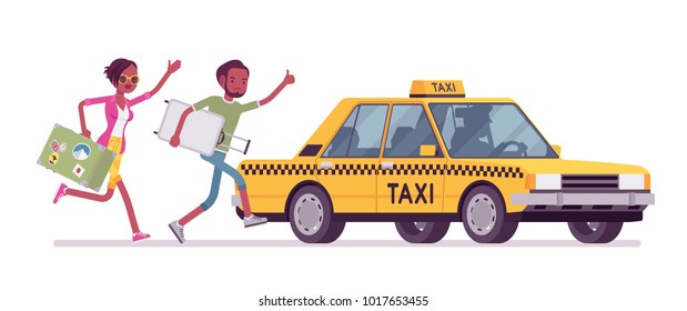 Chasing a taxi cab. Young black man and woman with luggage in a hurry running to get a car, yellow public passenger vehicle. Vector flat style cartoon illustration isolated on white background