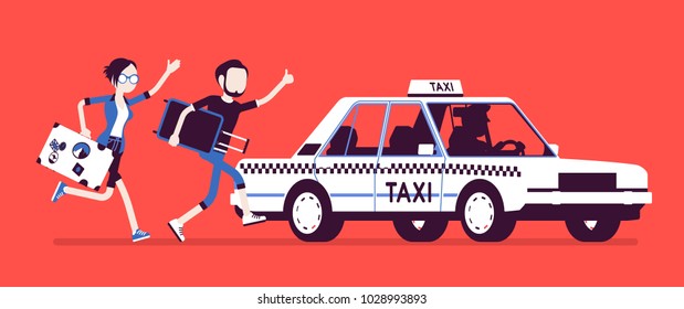 Chasing a taxi cab. Young black man and woman with luggage in a hurry running to get a car, city public passenger vehicle. Vector illustration with faceless characters
