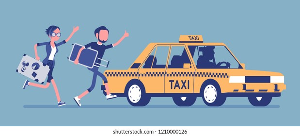 Chasing a taxi cab. Young man and woman with luggage in a hurry running to get a car, move with great haste to catch a yellow public passenger vehicle. Vector illustration, faceless characters