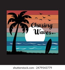 Chasing Waves Tropical sunset T-Shirt Design Template