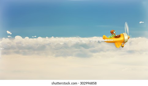 Chasing your dream, funny cartoon aviator in the sky, vector illustration