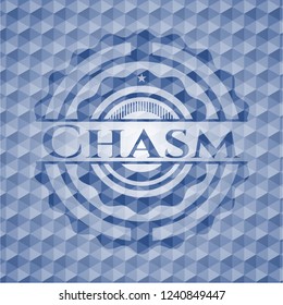 Chasm blue badge with geometric pattern background.