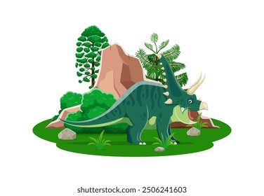 Chasmosaurus prehistoric dinosaur character. Isolated cartoon vector triceratops-like dino with green spotted skin and horns, stands at lush Jurassic era landscape with tree, rocks and green bushes