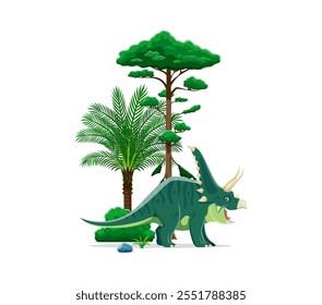 Caractere de dinossauro pré-histórico do chasmosauro. Tricerátops isolados do vetor do desenho animado como dino com pele manchada verde e chifres, fica na exuberante paisagem da era Jurássica com árvores, rochas e arbustos verdes