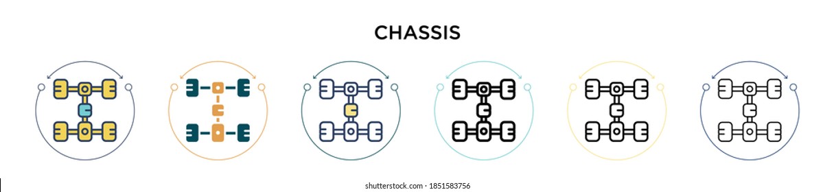 Icono del chasis en el estilo relleno, delgado, contorno y trazo. Ilustración vectorial de dos diseños de iconos vectoriales de chasis de color y negro se pueden utilizar para móviles, ui, web