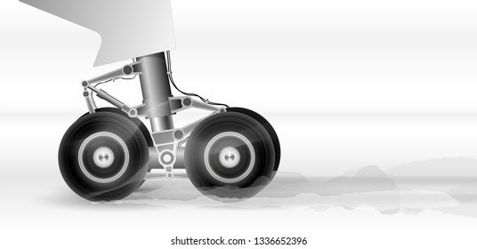 The chassis of the modern aircraft when landing on the runway. Wheels rotate rapidly. Smoke comes from braking