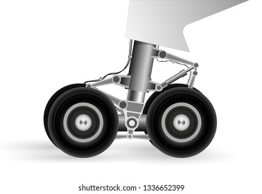 The chassis of the modern aircraft when landing on the runway. Wheels rotate rapidly