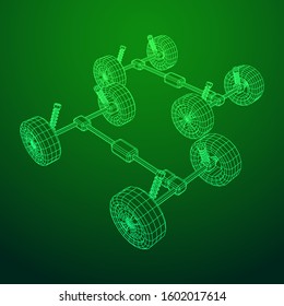 Chassis steering rack. Wireframe low poly mesh vector illustration. Auto service repair car concept.