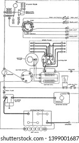 Gehäuse-Drahtdiagramm für die Start- und Beleuchtungseinrichtung Gray & Davis auf der Perless-, Vintage-Linien- oder Graviergrafik.