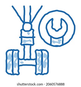 Vector de icono de esbozo de la llave del chasis. Señal de la llave del chasis de la línea de doodle azul dibujada a mano. ilustración de símbolo aislado