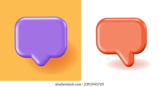 Chat 3d voz burbuja icono de mensaje elemento representación vectorial gráfico, color naranja morado caricatura amarillo globo de nube ilustración divertida set plantilla clipart de imagen en blanco, cuadro de diálogo cuadro de comentarios moderno