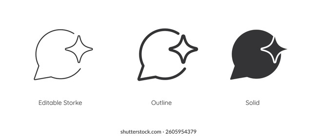 Chat with AI icon set. Support and service by AI. Artificial intelligence sign. Line and silhouette icon. Icons for app user interface and web elements. Vector illustration. Editable stroke.